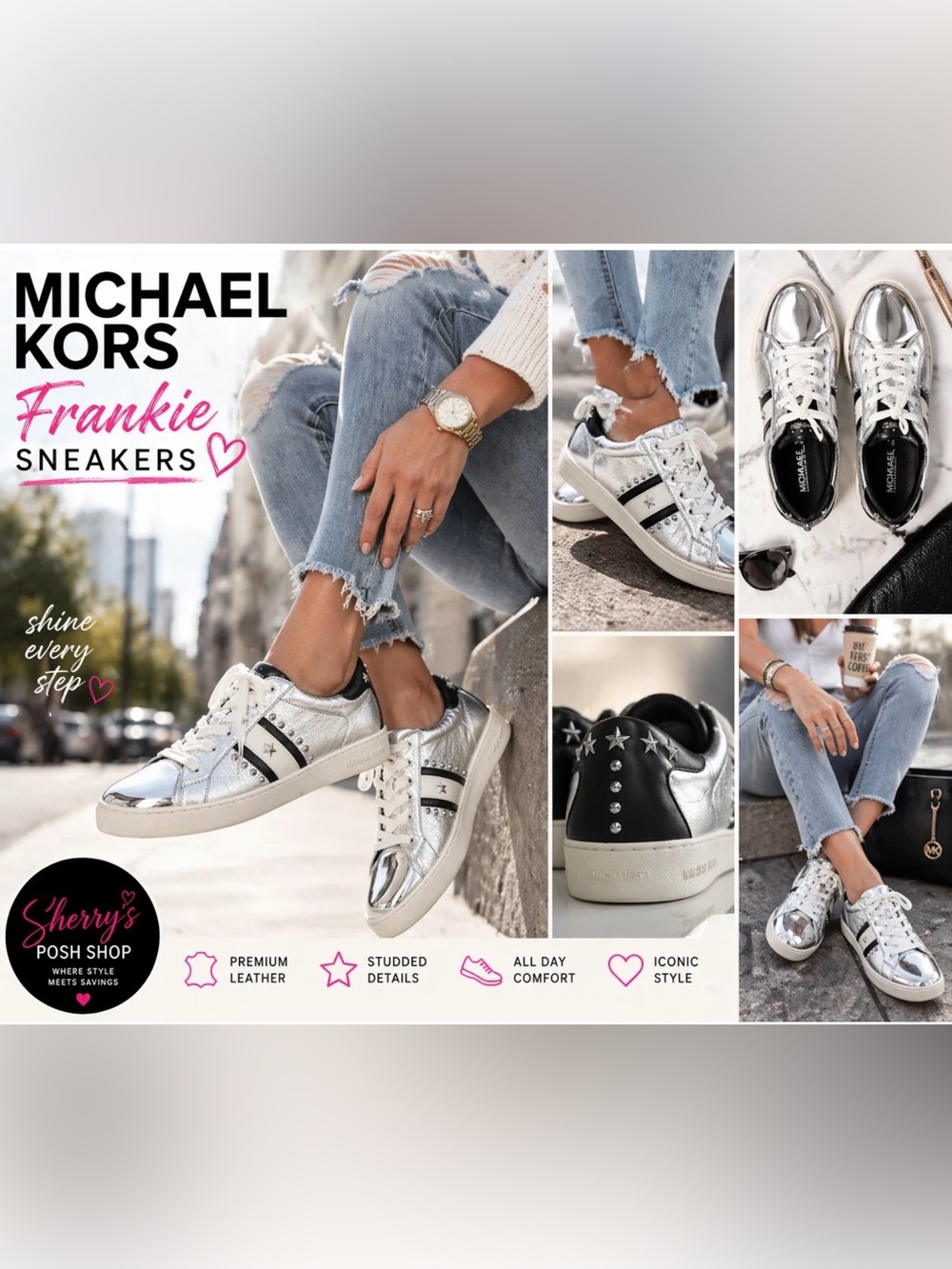 Michael Kors Woman's MK Size 9.5 M Frankie Striped Leather Sneakers Silver